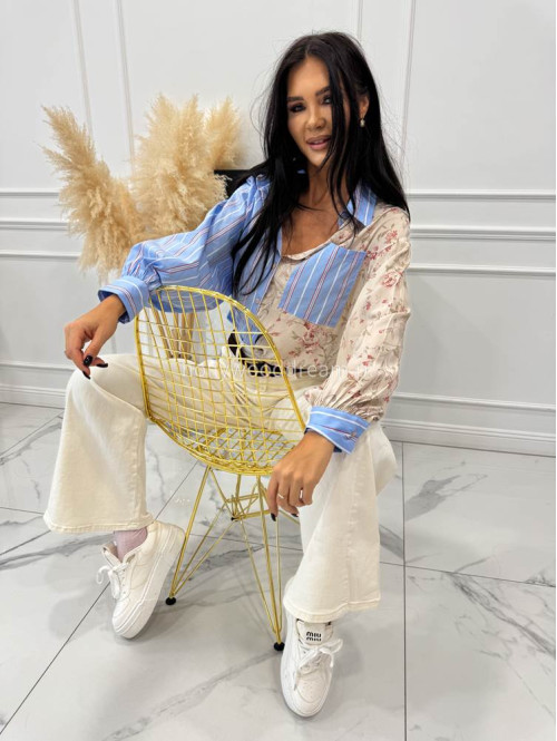 Błękitno - beżowa koszula zdobiona paskami i kwiatami Bluebell 52 - photo #5