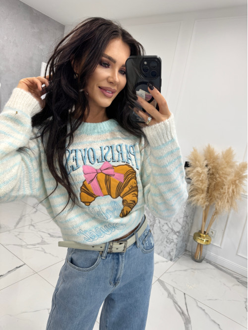 Błękitny sweter w paski z aplikacją Paris Lovers 02