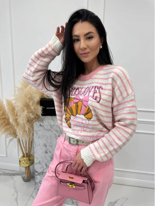 Różowy sweter w paski z aplikacją Paris Lovers 02