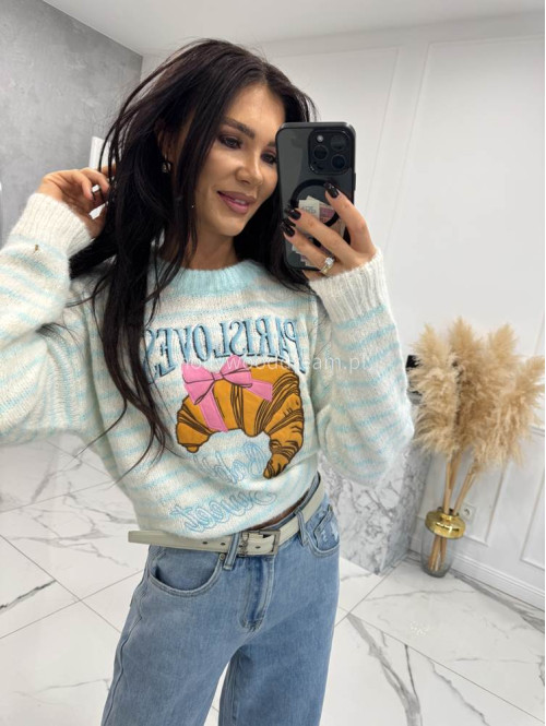 Błękitny sweter w paski z aplikacją Paris Lovers 02 - photo #1