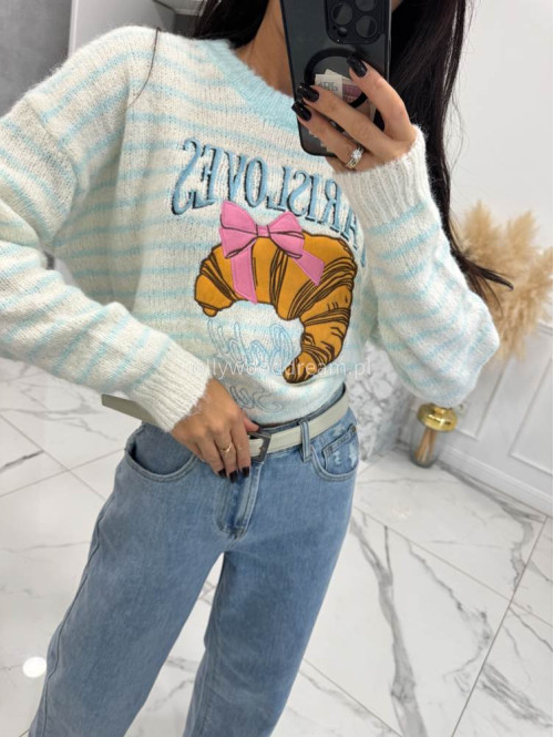 Błękitny sweter w paski z aplikacją Paris Lovers 02 - photo #3