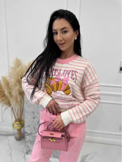 Różowy sweter w paski z aplikacją Paris Lovers 02 - photo #7