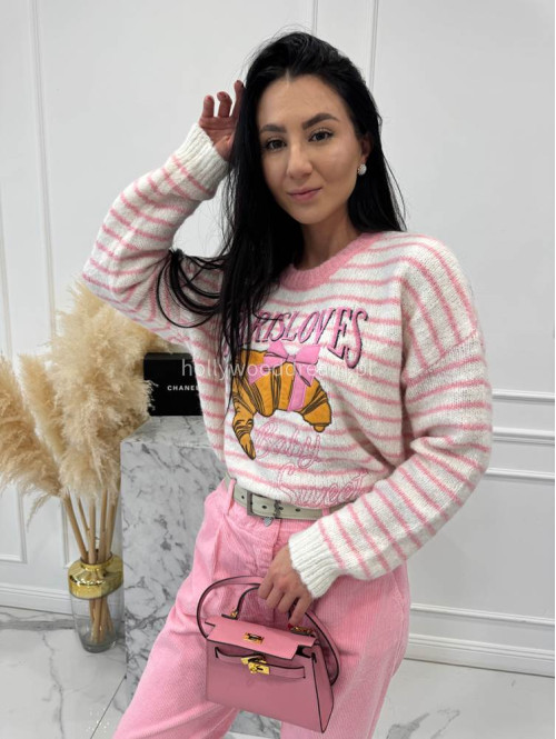 Różowy sweter w paski z aplikacją Paris Lovers 02 - photo #8