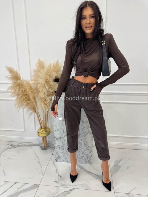 Czekoladowe spodnie sztruksowe z gumką w pasie AMADEO 52 - photo #2