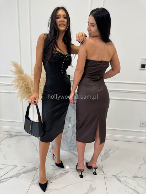 Brązowa sukienka midi z eko skóry z biżuteryjnym zdobieniem GENEVIA 09 - photo #14