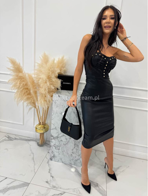 Czarna sukienka midi z eko skóry z biżuteryjnym zdobieniem GENEVIA 09 - photo #6