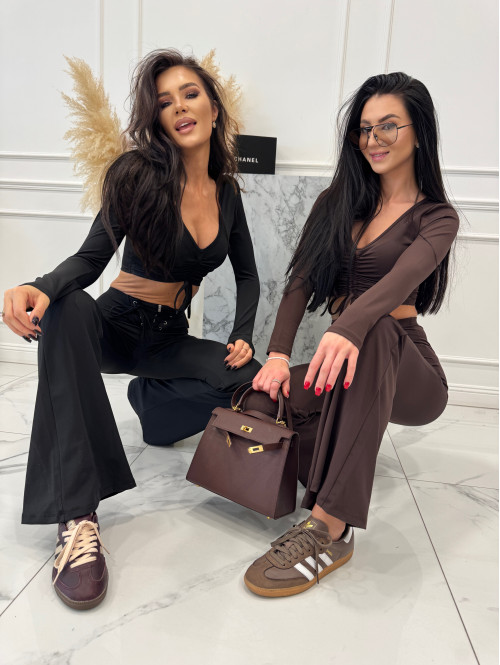 Brązowe legginsy dzwony z wiązaniem w talii Albina 29 - photo #0