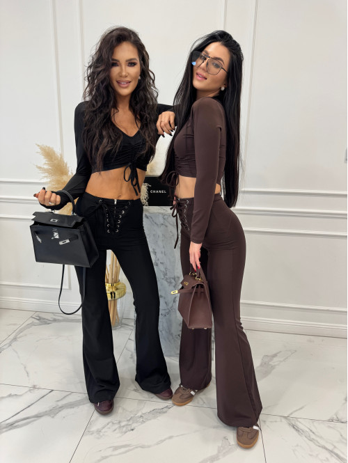 Brązowe legginsy dzwony z wiązaniem w talii Albina 29 - photo #2