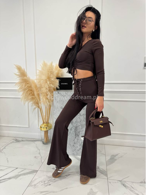 Brązowe legginsy dzwony z wiązaniem w talii Albina 29 - photo #3