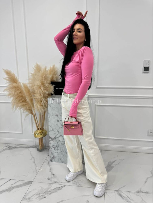 Różowa bluzka z poduszkami na ramionach i dekoltem woda ARIEL 163 - photo #2