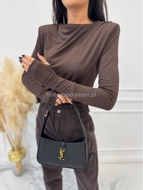 Czekoladowa bluzka z poduszkami na ramionach i dekoltem woda ARIEL 163 - photo #8