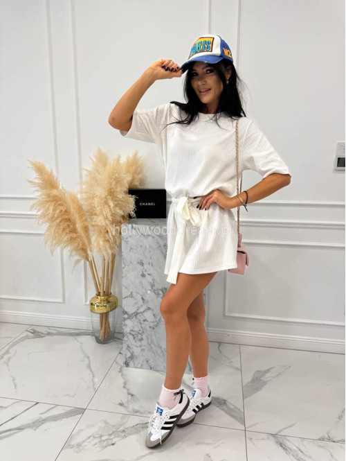 Biała sukienka z paskiem na krótki rękawek 95% bawełna Amy 44 - photo #5