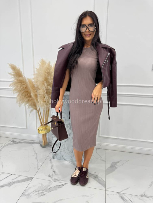 Mokka sukienka midi dzianinowa na krótki rękaw prążkowana Sandra 44 - photo #1