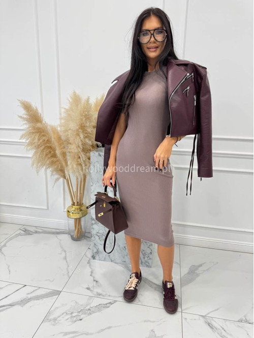 Mokka sukienka midi dzianinowa na krótki rękaw prążkowana Sandra 44 - photo #2