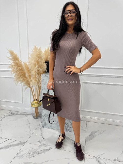 Mokka sukienka midi dzianinowa na krótki rękaw prążkowana Sandra 44 - photo #3