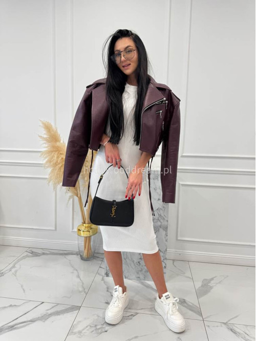 Biała sukienka midi dzianinowa na krótki rękaw prążkowana Sandra 44 - photo #2