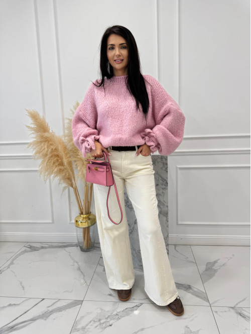 Pudrowy róż sweter z wiązaniem na rękawie Sophia 02