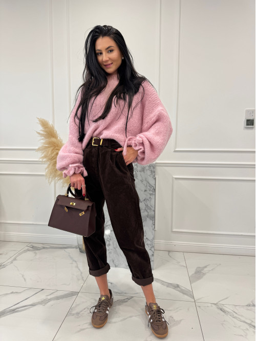 Pudrowy róż sweter z wiązaniem na rękawie Sophia 02 - photo #4