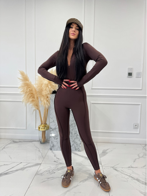 Czekoladowy kombinezon zapinany na zamek z przeszyciami KARLOS 163