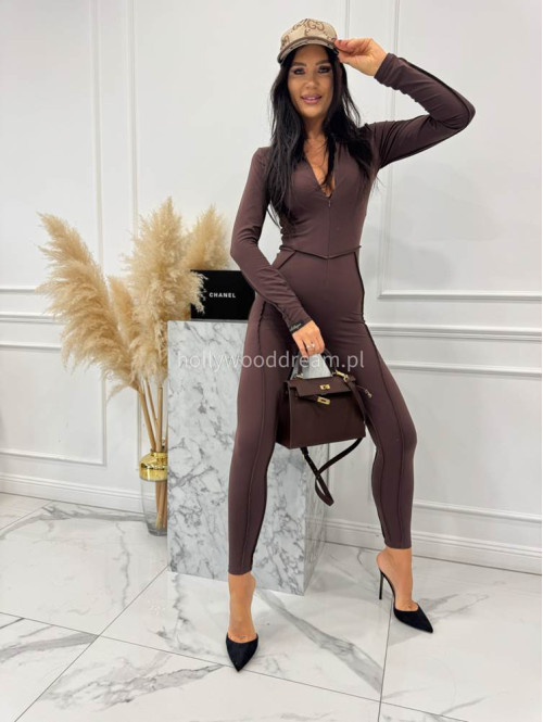 Czekoladowy kombinezon zapinany na zamek z przeszyciami KARLOS 163 - photo #12