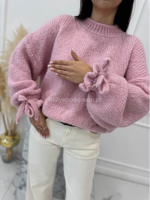 Pudrowy róż sweter z wiązaniem na rękawie Sophia 02 - photo #12