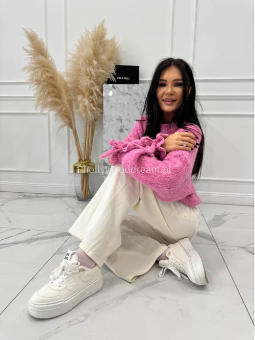 Różowy sweter z wiązaniem na rękawie Sophia 02 - photo #5
