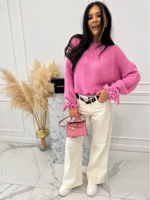 Różowy sweter z wiązaniem na rękawie Sophia 02 - photo #12