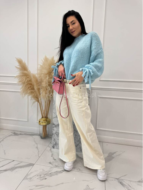 Błękitny sweter z wiązaniem na rękawie Sophia 02 - photo #3