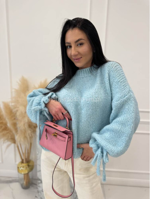 Błękitny sweter z wiązaniem na rękawie Sophia 02 - photo #5