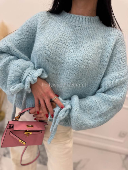 Błękitny sweter z wiązaniem na rękawie Sophia 02 - photo #6