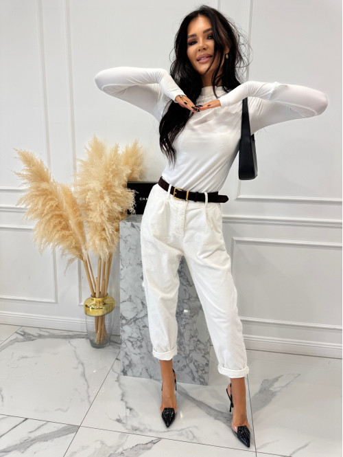 Białe spodnie sztruksowe szerokie z ozdobnym guzikiem WILSON 02