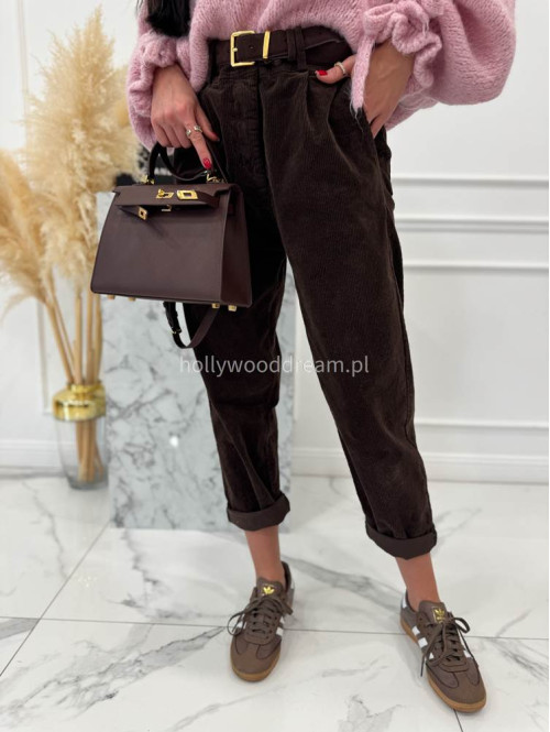 Czekoladowe spodnie sztruksowe szerokie z ozdobnym guzikiem WILSON 02 - photo #3