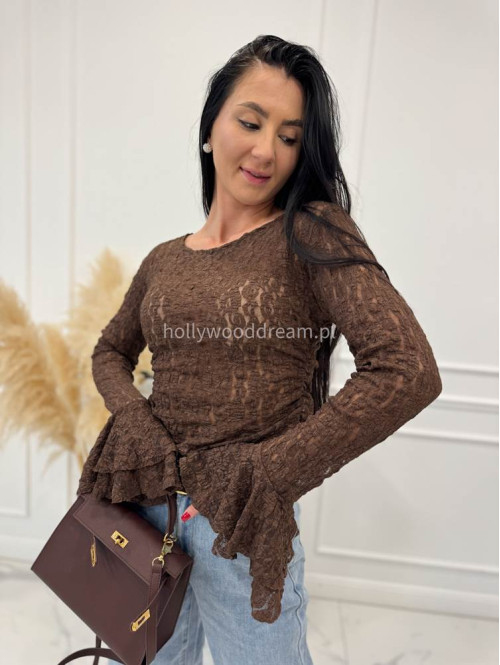 Brązowa bluzka transparentna z wzorem i rękawem dzwonek SMITH 02 - photo #5