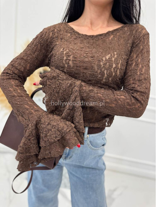Brązowa bluzka transparentna z wzorem i rękawem dzwonek SMITH 02 - photo #7