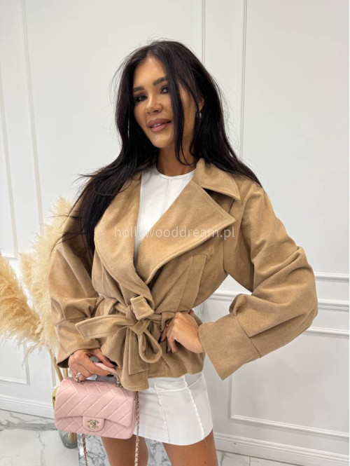 Ciemno beżowy krótki trencz z paskiem JONES 24 - photo #9