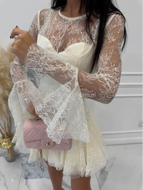 Kremowa sukienka mini koronkowa TAYLOR 24 - photo #10