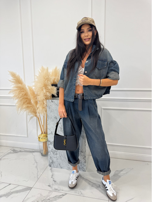 Granatowa kurtka jeansowa z gumką na dole i efektem sprania DOMIN 52