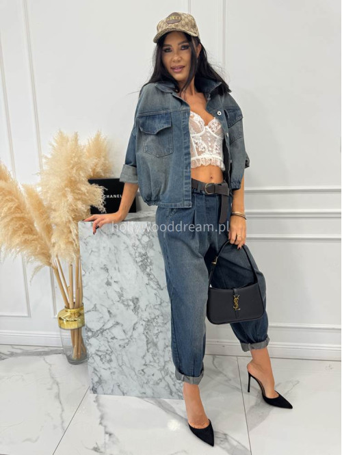 Granatowa kurtka jeansowa z gumką na dole i efektem sprania DOMIN 52 - photo #7