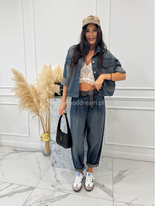 Granatowa kurtka jeansowa z gumką na dole i efektem sprania DOMIN 52 - photo #9