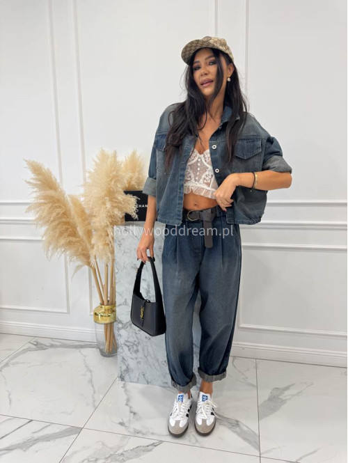 Granatowa kurtka jeansowa z gumką na dole i efektem sprania DOMIN 52 - photo #10