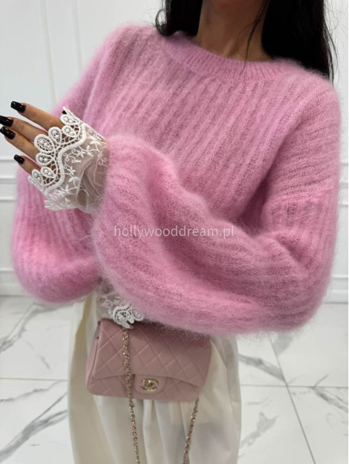 Różowy sweter moherowy z poszerzanymi rękawami WALENCJA 52 - photo #28