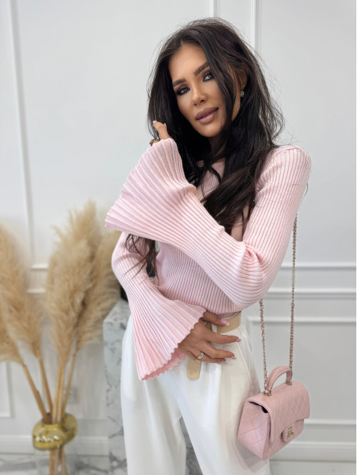 Pudrowa bluzka prążkowana z poszerzanymi rękawami Flavia 09 - photo #3