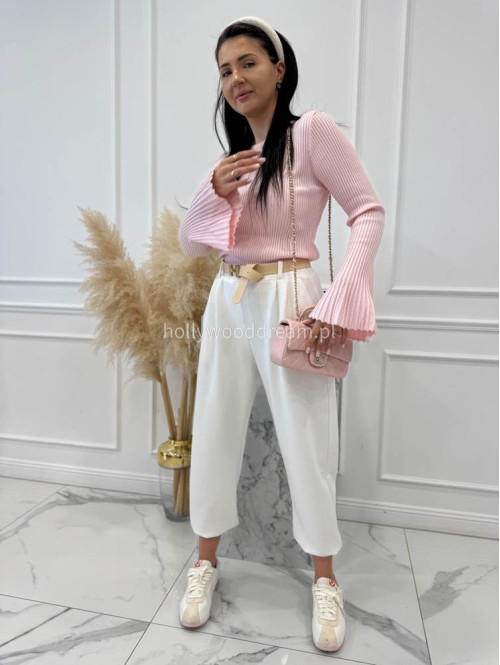 Pudrowa bluzka prążkowana z poszerzanymi rękawami Flavia 09 - photo #6