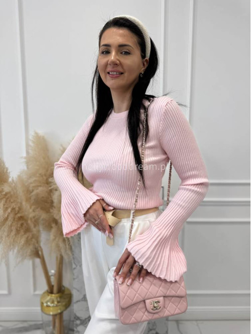 Pudrowa bluzka prążkowana z poszerzanymi rękawami Flavia 09 - photo #7