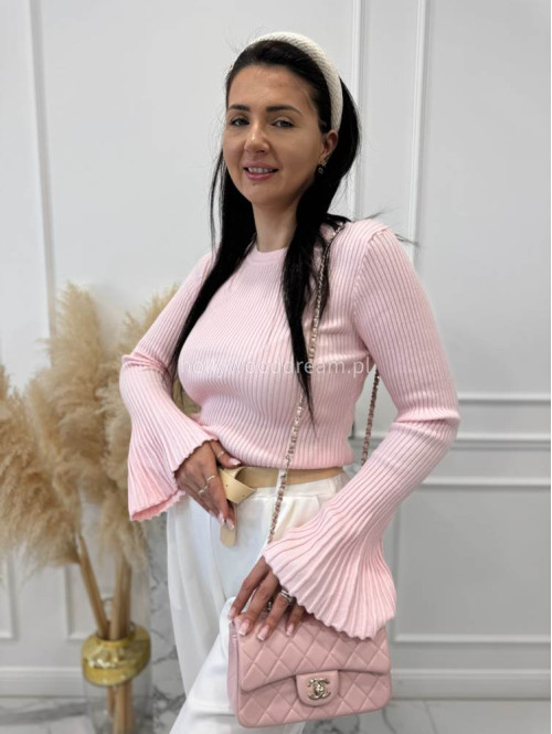 Pudrowa bluzka prążkowana z poszerzanymi rękawami Flavia 09 - photo #8