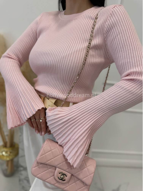 Pudrowa bluzka prążkowana z poszerzanymi rękawami Flavia 09 - photo #9