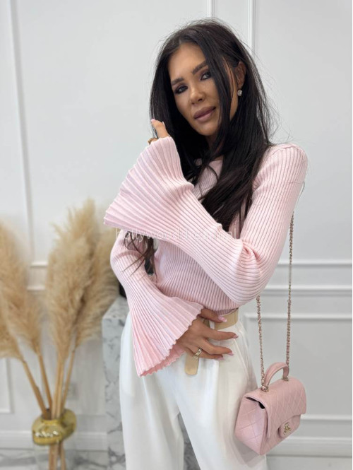 Pudrowa bluzka prążkowana z poszerzanymi rękawami Flavia 09 - photo #19