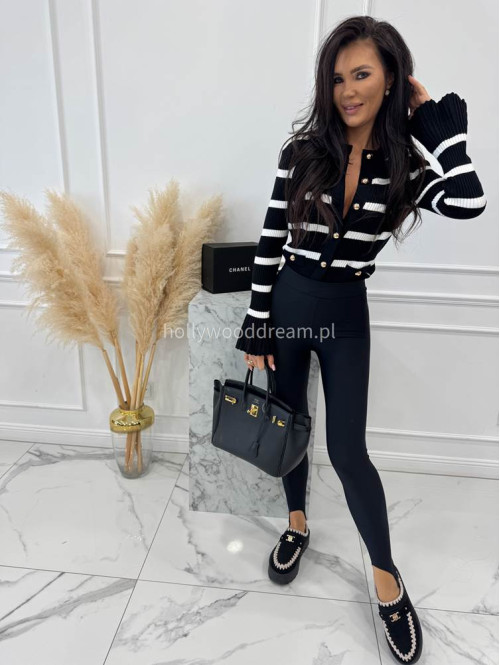 Czarna bluzka prążkowana w paski z rozszerzanymi rękawami i pozłacanymi guzikami ISLA 09 - photo #2