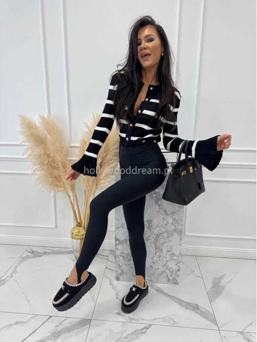 Czarna bluzka prążkowana w paski z rozszerzanymi rękawami i pozłacanymi guzikami ISLA 09 - photo #3