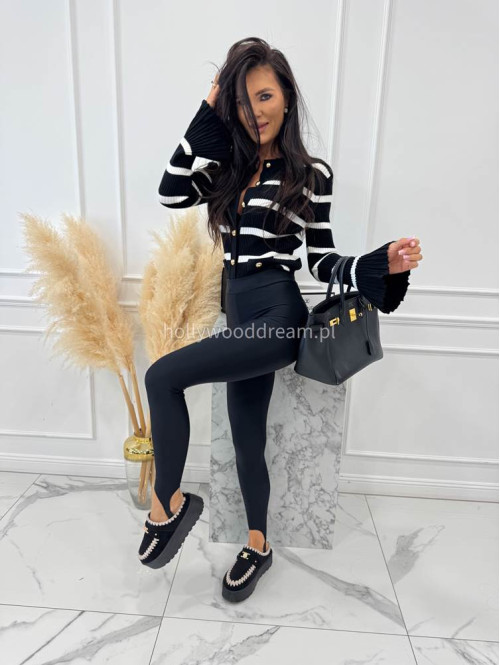 Czarna bluzka prążkowana w paski z rozszerzanymi rękawami i pozłacanymi guzikami ISLA 09 - photo #4